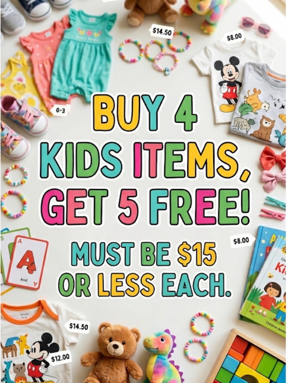 Kids Promotional Bundle sale Buy 4 items $15 or less, get 5 FREE
